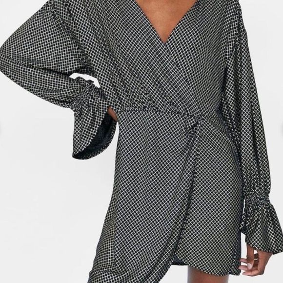 🖤💙 Zara Metallic Blue Silver & Black Bell Sleeve Party Dress NWT - Picture 2 of 5